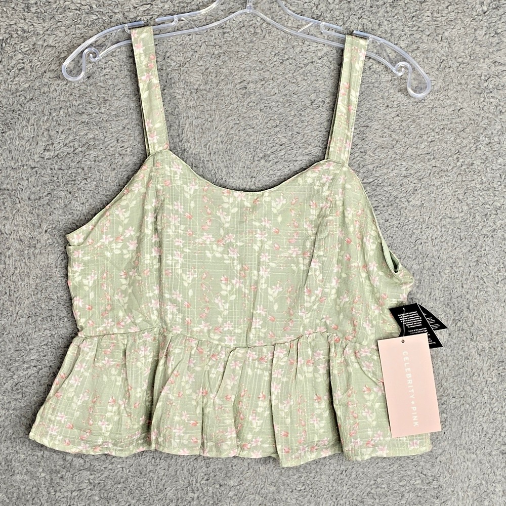 Celebrity‎ Pink Floral Peplum Tank Crop Top Size Large Green Ruffle Boho Peasant